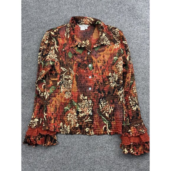 Alberto Makali Tops - Alberto Makali Blouse Womens L Multicolor Floral Crinkle Ruffle Bell Sleeve Top